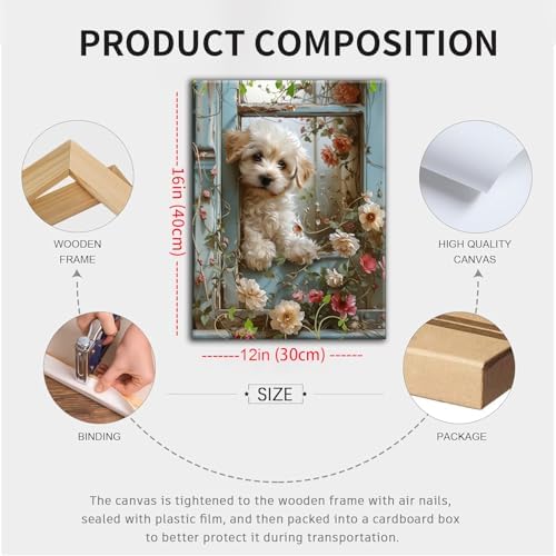 Framed Poodle Canvas Wall Art, Funny Teddy Dog Poster Print, Abstract Dog Standing Among Flowers Painting Wall Decor for Dormitory Restroom Bedroom Kids Room Decor 12x16 inch