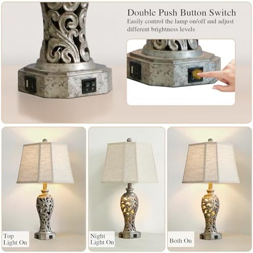 25' Vintage Table Lamps Set of 2 for Living Room with USB C+A