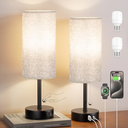 Grey Bedside Lamp for Bedroom Nightstand - Small Table Lamp Set of 2