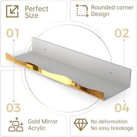 YMVV 15.7 in Large Golden Reflective Acrylic Mounted Floating Shelf, Perfume Organizer Shelf, Modern Bathroom Storage Toy Display Organizer Decor 4 Pack