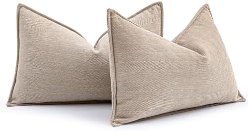 Beige Chenille Lumbar Pillow Covers 12x20 Inch Set of 2