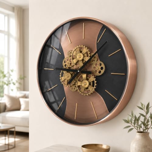 21.65 Inch Large Moving Gear Wall Clock for Living Room Decor Battery Operated Steampunk Industrial Style, Fireplace Kitchen Office Wall Decor Luxury Antique Rosegold