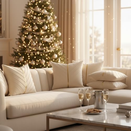 Velvet Throw Pillow Covers 24x24 inch Pack of 2 Gold Decor Cream