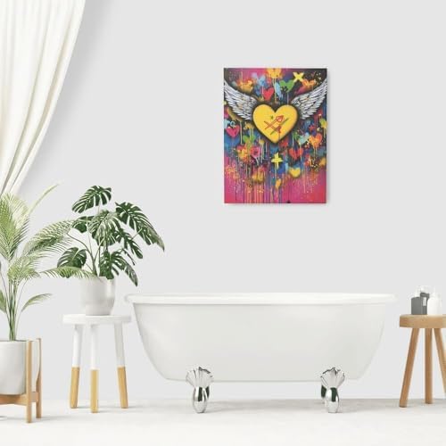 Crekviy Banksy Wall Art Street Graffti Wall Decor Heart Wings Canvas Prints Painting Romantic Artwork Decorations for Bathroom Bedroom Living Room Office Framed Gifts 12"x16"