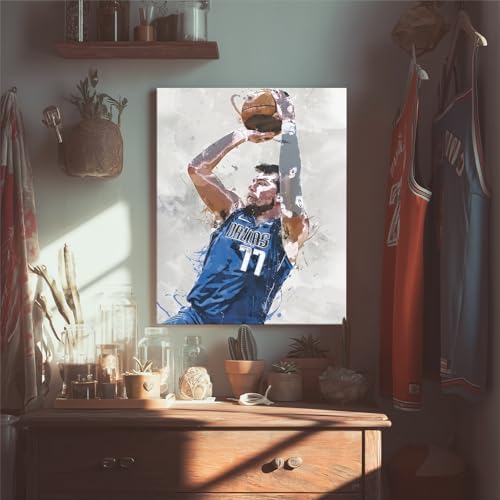 Luka Dončić Basketball Canvas Wall Art, Sports Player Poster, 16x20 Inch | Abstract splash ink athletic artwork, motivational sports wall decor for teen boys room, bedroom, living room, gym or office