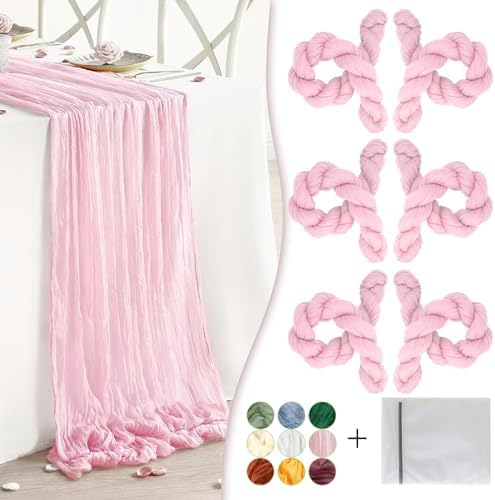 Pink Cheesecloth Table Runner 6 Pack 35" Boho Gauze Runner 120 inches Long Rustic Sheer Fabric Bulk for Boho Baby Shower Wedding Bridal Birthday Party Table Decorations