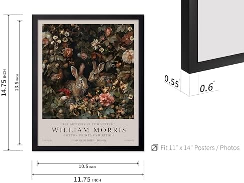 Monem Art William Morris Poster - Bunny Couple & Botanical Print - Exhibition Art - Farmhouse Decor - Aesthetic Living Room Decor - 11x14 Black Framed