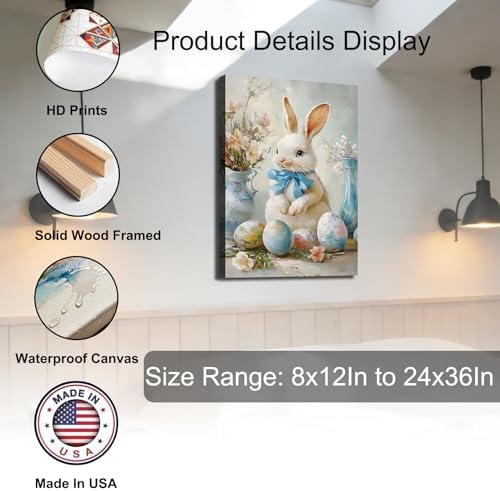 Easter Bunny with Blue Bow Canvas Wall Art, Framed Farmhouse Poster Prints for Kids Room, Cute Easter Eggs Pictures for Kitchen, Bathroom, Shelf Home Wall Decor,8x12 In