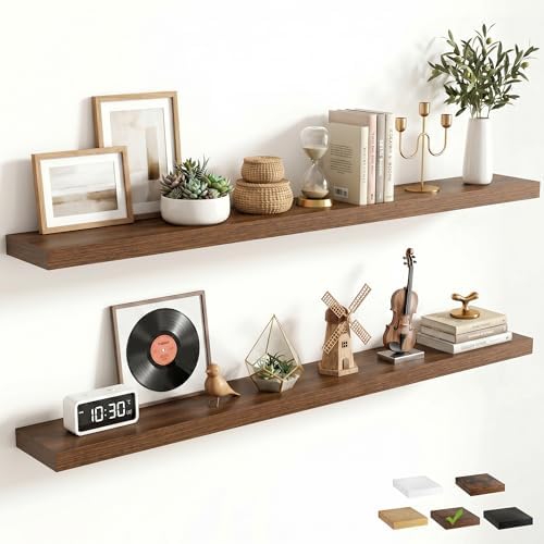 FLYJOE 55 Inch Floating Shelves for Wall Set of 2, 6.5" D Wood Grain Bathroom Shelves with Invisible Brackets, Easy Install Engineered Wood Storage Shelves for Kitchen, Living Room, Bedroom