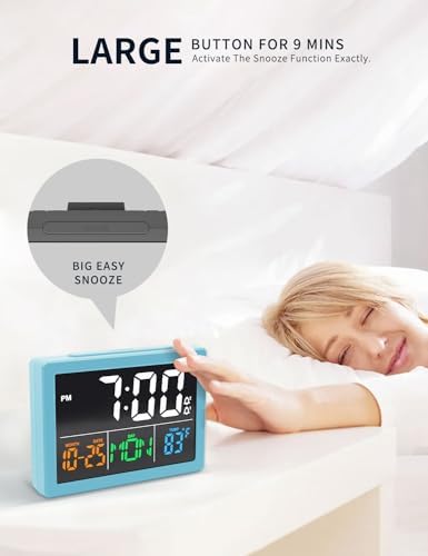 JALL Digital Clock with Date Day for Seniors, Electric Alarm Clocks for Bedrooms with Temperature, 2 Alarms, Dimmer, Dual USB Charger, Battery Backup, Volume Control, Snooze, Bedside Desk Clock, Blue