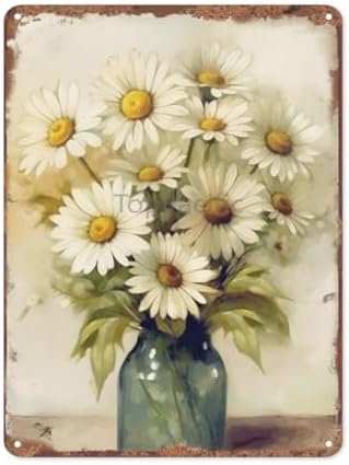 12x8 inches Vintage Tin Sign, Flowers White Daisy with Dew Drop, Metal Sign Retro Wall Decor for Home, Cafes, Office, Store, Pubs, Club, Gift, Plaque Tin Sign（84）