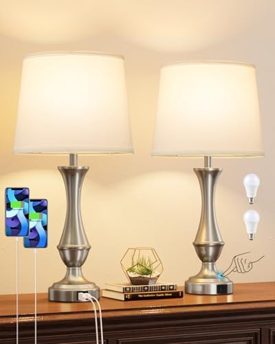 Seealle Upgraded Touch Lamps for Night Stands Set of 2 - Bedside Lamps with USB C+A, 3 Way Dimmable for Bedroom Living Room End Tables Office (White&Nickel)