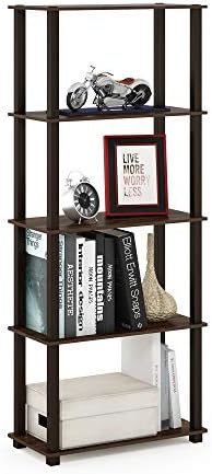 Furinno TURN-S-TUBE Book Shelf, 5-Tier Toolless Storage Shelves with Square Tubes, Shelving Unit for Organization and Storage for Living Room, Home Office, Walnut