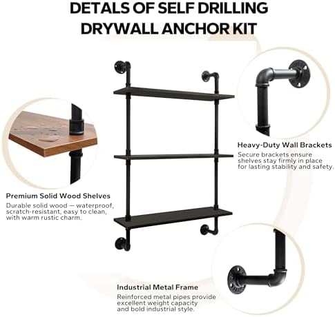 3-Tier Industrial Pipe Floating Shelf – Rustic 30 inch Wood Wall-Mounted Storage Shelf for Kitchen Office,Bathroom & Home Decor -Black