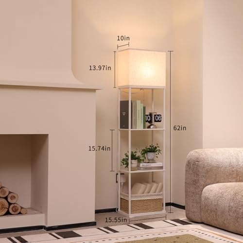 Gupuzm Floor Lamp with Shelves, Large Size Rectangle Standing Lamp with 3 Color Temperature Bulb, Corner Display Bookshelf Lamp for Living Room, Bedroom and Office（White-9W）