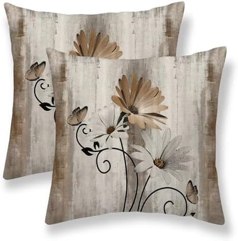 Brown Floral Pillow Covers 16 x 16 Inch Set of 2 Daisy Floral Butterfly Decorative Throw Pillow Covers Linen Rustic Farmhouse Cushion Cases for Home Sofa Couch Living Room Decor