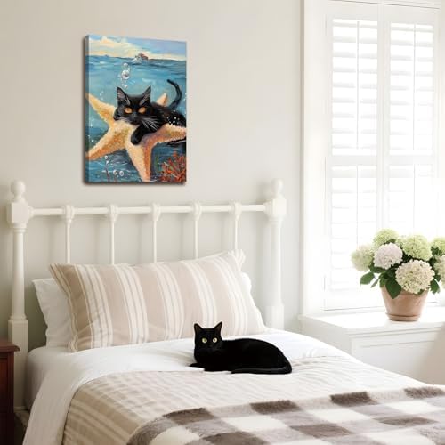 Framed Black Cat Ocean Wall Art, Cute Cat Holding Starfish Canvas Print, Funny Animal Lovers Sea Life Painting Picture for Bathroom Bedroom Kids Room Home Decor 12x16 Inch