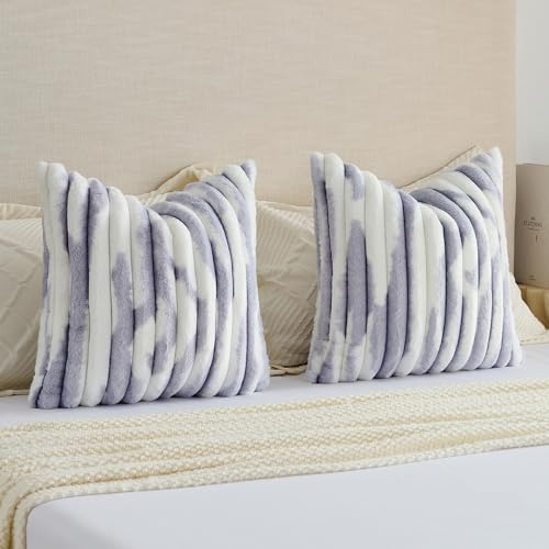FUTEI Pack of 2 Faux Fur Throw Pillow Covers 22x22 Inch, Light Purple White