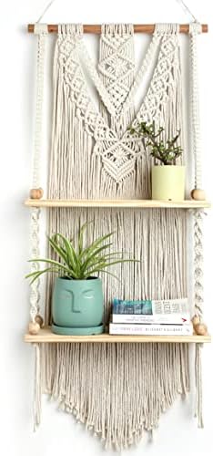 Macrame Wall Hanging Shelf - Boho Shelves Bedroom Decor | Macrame Wall Decor for Kitchen, Plant Hanger Shelves, Woven Rope Floating Shelves & Home Storage Organizer - 2 Tier