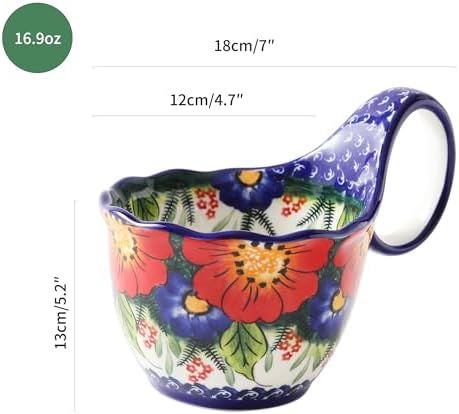 ALMA 16oz Large Soup Bowl Microwave Safe, Floral Soup Bowl with Handle