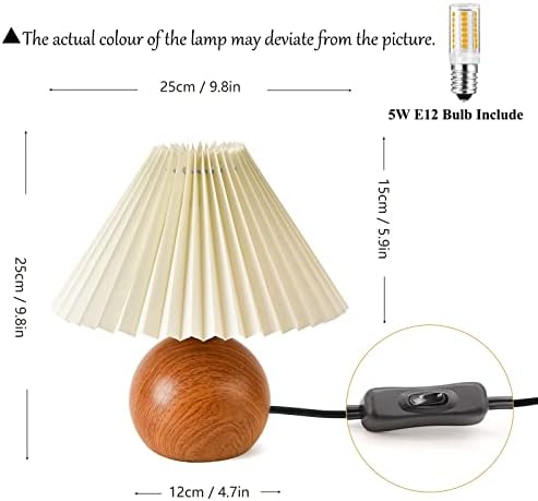 KUNJOULAM Cute Small Pleated Lamp, Modern Bedside Nightstand Light with Beige Lampshade, Wooden Pattern Metal Base Desk Lamp for Bedroom, Home Office, Living Room