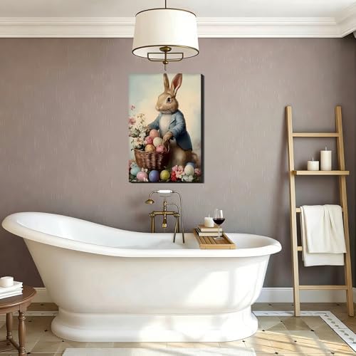 Vintage Easter Rabbit Eggs Canvas Art 16x24, Colorful Cozy Spring Bunny Pictures Wall Art, Perfect for Easter Bathroom Bedroom, Living Room Holiday Wall Decorations