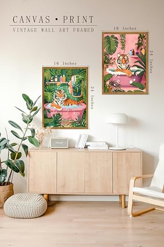 2 Pack Whimsical Tiger In Bathtub Wall Art Funny Bathroom Wall Art 16"x24" | Jungle Bathroom Decor, Funny Animal Wall Art, Bathroom Wall Art, Wall Art Set of 2, Tiger Wall Art, Ready to Hang