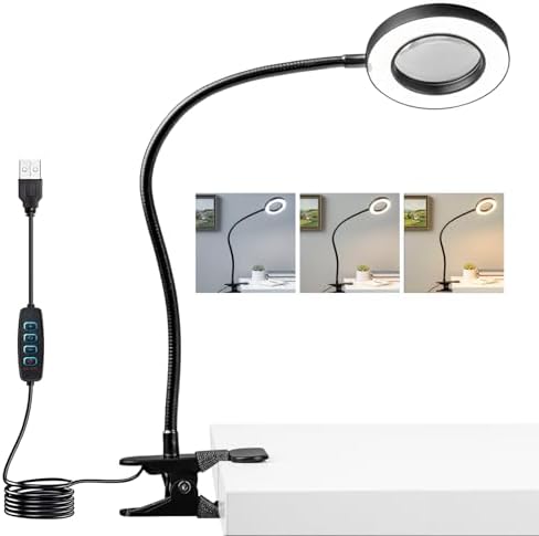 LALISU Clip on Lamp, 5X Magnifying Glass with Light LED Desk Clip Lamps