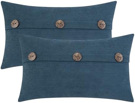HWY 50 Blue Chenille Throw Pillow Covers 12x20 Inch Buttons Pack of 2