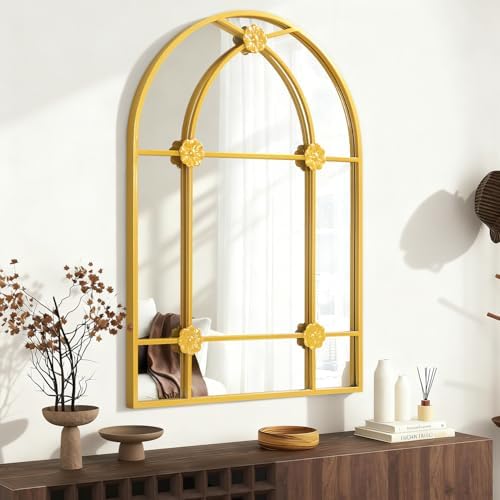 Wall Arched Mirror, Gold Metal Framed Arch Mirror Modern Artistic Decorative Mirrors for Bedroom Living Room Bathroom, 20x28 Inch Decor
