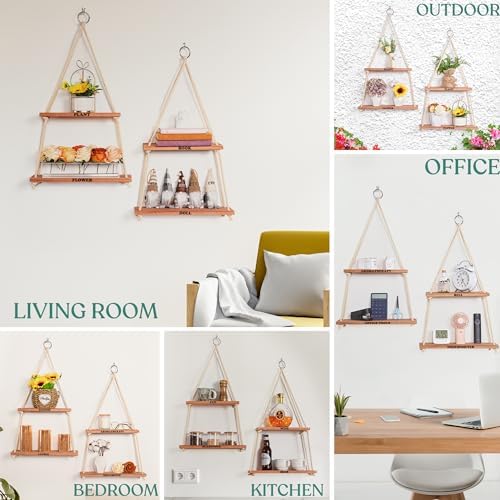 Hanging Shelves for Wall, Living Room, Bedroom - Boho Room Decor Aesthetic - Hanging Plant Shelf Decor - Floating Shelves - Rope Shelves for Bedroom Aesthetic | Boho Decor by NWOOD | Design Patented