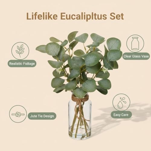 Artificial Eucalyptus Stems Fake Plants in Glass Vase with Faux Water
