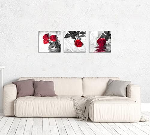 NAN Wind Canvas Print 3 Pcs Red Rose Wall Decor Black and White Abstract Wall Art for Modern Home Decor for Living Room Stretched and Framed Flower Picture on Canvas (16X16inchX3pcs, Red Rose)