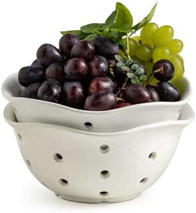 Gomakren Ceramic Berry Basket Set of 2, Floral Fruit Bowl 6in, Cream White