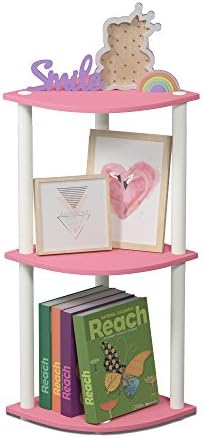 Furinno TURN-N-TUBE Corner Shelf, 3-Tier Corner Bookshelf, Display Storage Shelves with Open Shelves, for Organization and Storage, Living Room, Home Office, Garage, Pink