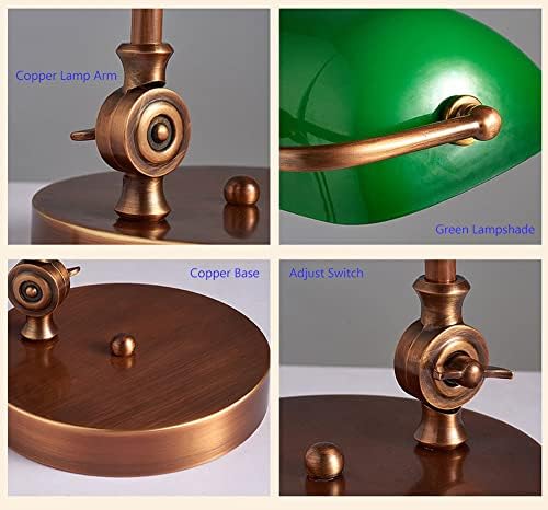 Table lamp Emerald Green Glass Reading Light Copper Base 1920's Classic Banker lamp Green Pull Switch LED Desk lamp Adjustable 360 Degree lampshade Office/Bedroom/Study E27 (Model-G)