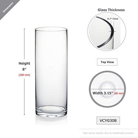 WGVI Quality Thick Clear Cylinder Glass Vases, 3" W x 8" H, Bud Vase Skinny Narrow Floral Bouquet Flower Container for Wedding Centerpieces Tabletop Home Accent Décor Brush Pen Holder, 1 Piece
