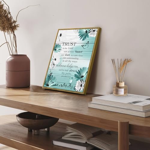 LB Teal Blue Floral Wall Art for Bathroom Bible Verse Framed Canvas Wall Art Wall Paintings Home Decor Daisy Flower Butterfly Wall Pictures for Living Room Bedroom Office Ready To Hang,12x17 Inch
