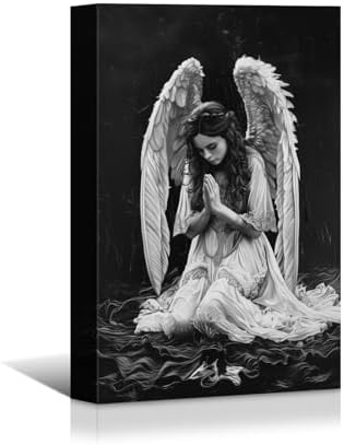YONICA White Angel Wings Canvas Wall Art Modern Black and White Pictures Praying Woman Wall Art Dark Abstract Angel Painting Aesthetic Woman Artwork 12"x16"(30x40cm)