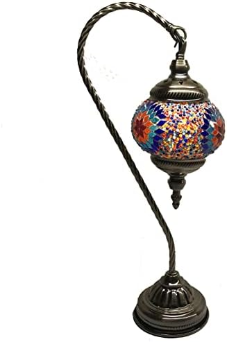 SILVERFEVER Handcrafted Mosaic Turkish Lamp Moroccan Glass Table Desk Bedside Light Bronze Base with E12 Bulb (Red Yellow Starburst Latter)
