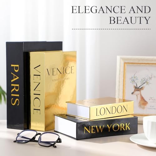 Sabary Set of 4 Decorative Books Boxes Faux Books Stacked for Coffee Tables Modern Home Bookshelves DIY Crafts Decor(Modern Style,Black and Gold)