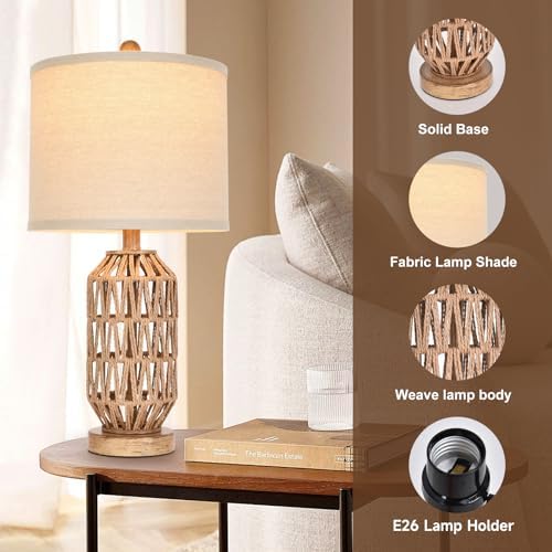 22.5” Rattan Table Lamp Set of 2, Woven Boho Lamp for Bedroom Living Room, 11x11x9 Fabric Drum Shade, E26 Base (Max 60W), Stable Wood Base for Nightstand Console