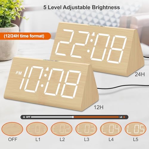 DreamSky Wooden Digital Alarm Clock for Bedrooms Desk with Large Numbers
