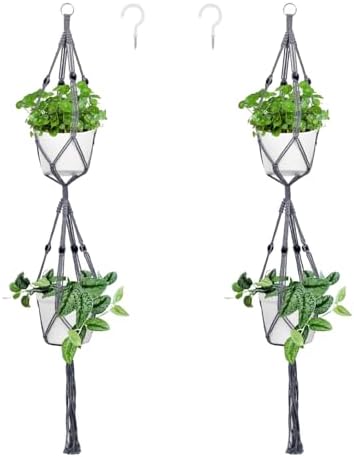 Belit 2 Pack Double Macrame Plant Hangers 2 Tier Hanging Planter Basket Decorative Flower Pot Holder Rope for Indoor Outdoor Home Decor 51 Inch, Grey