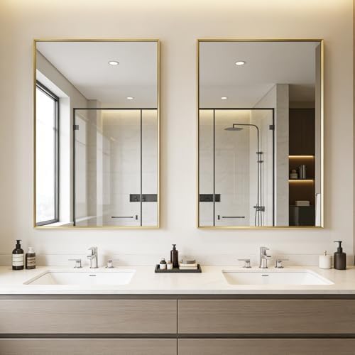 Bathroom Mirror for Wall, 36x24 Inch Framed Vanity Mirror Brushed Gold | Rectanglar Metal Beveld Framed Mirror for Over Sink, Tempered Glass, Anti-Rust, Hangs Horizontally or Vertically