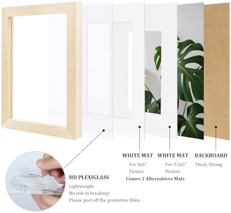 Egofine 5x7 Picture Frames Set of 4, Made of Solid Wood Covered by Plexiglass 3.5x5 and 4x6 with Mat or 5x7 without Mat, for Table Top Display and Wall Mounting Photo Frame Oak Wood