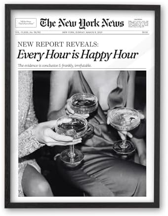 iHery 12x16in Every Hour Is Happy Hour Black Framed Newspaper Wall Art | Premium Black Natural OAK Wood Frame with Canvas Print, Retro Editorial Decor for Bedroom, Girl Dorm, Living Room 1Pack