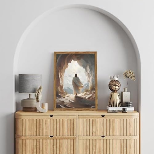 Jesus Leaves the Tomb Wall Art Easter Christian Wall Decor Painting Jesus Resurrection Artwork Religious 3D Textured Hand Drawn Sandstone for Bedroom Living Prayer Room 16x24 inch Wood Framed