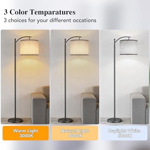 Floor Lamp for Living Room with 3 Color Temperatures LED Bulb, Standing Lamp Tall Industrial Floor Lamp Reading for Bedroom, Office (9W LED Bulb, Beige Lampshade Included) -Grey