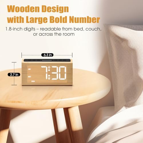 Cadmos Wooden Dynamic RGB Digital Alarm Clock for Bedroom,Dual Alarm with Large Numbers,Loud Adjustable Volume for Heavy Sleepers,Snooze,DST,Wood Decor,Bedside & Desk Use(Bamboo - RGB Digits)